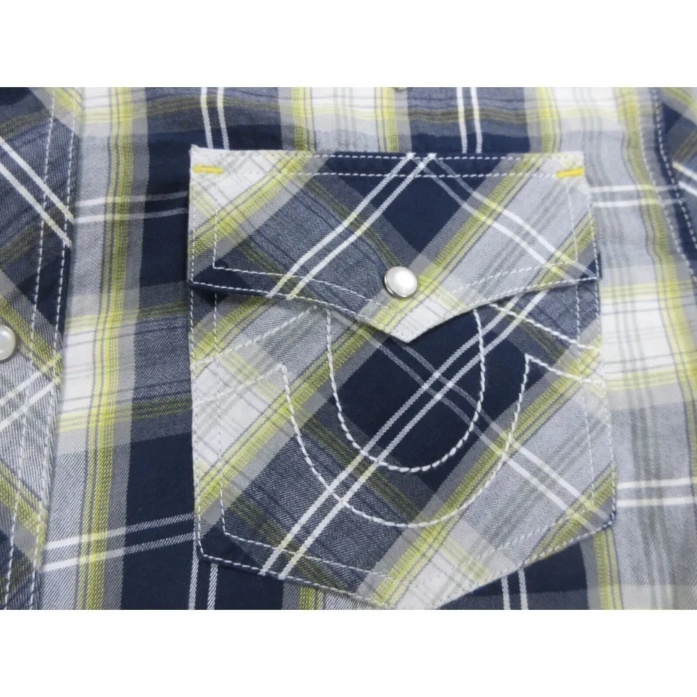 True Religion Shirt Mens Large‎ Blue Plaid Button Up Pearl Snap Western Cowboy